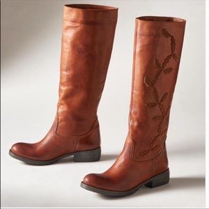 Sundance Womens Brown Leather Block Heel Riding Boots Size8.5 Embroidered leaves